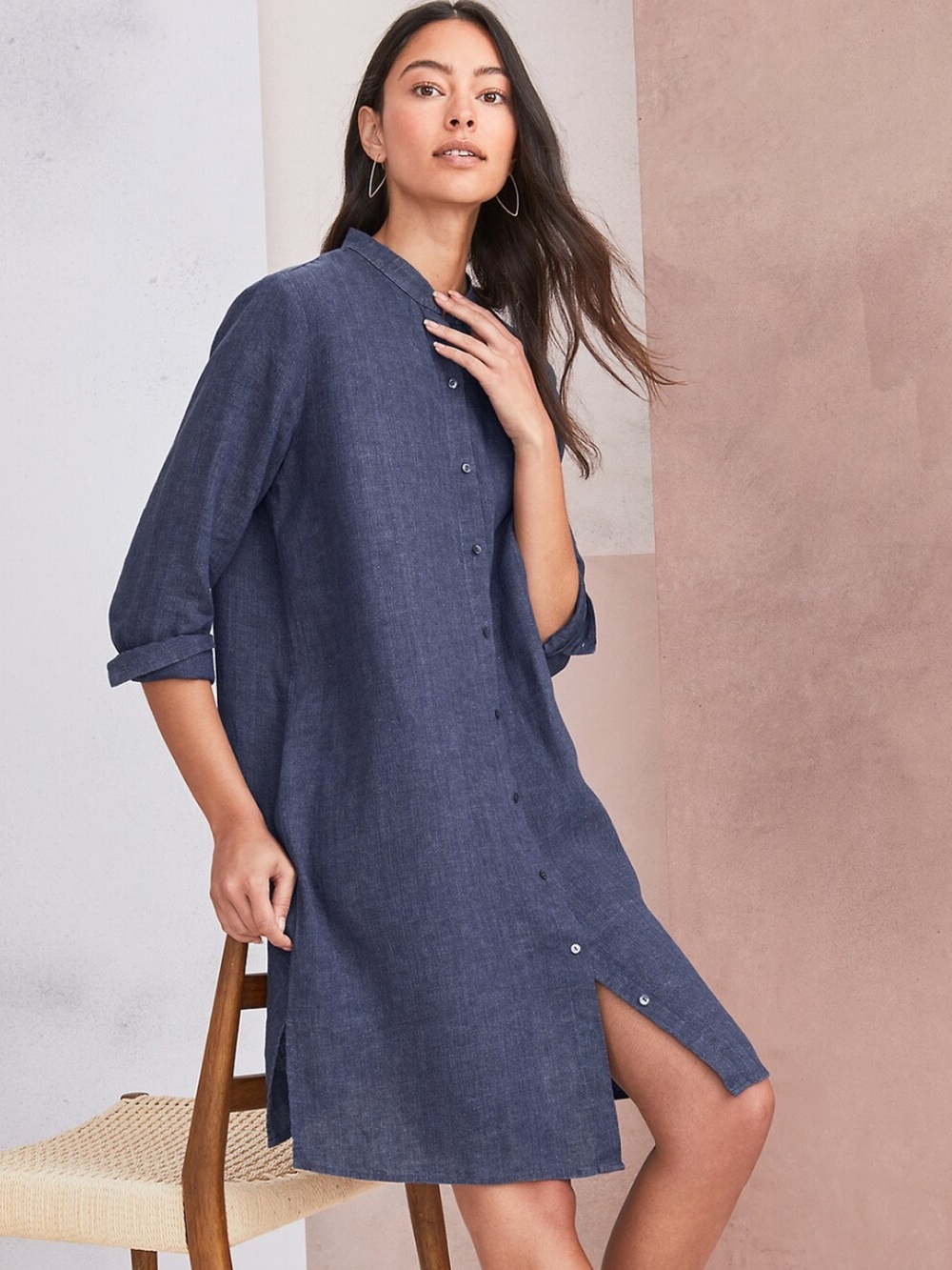 Eileen Fisher Washed-Organic Linen Délavé High Slit Shirt Dress in Dusk Size XL